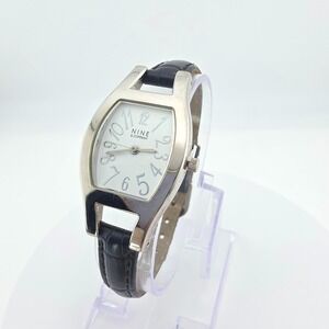 Vintage NINE & COMPANY Ladies Watch Tonneau Faux Black Leather Silver Tone 8.75"